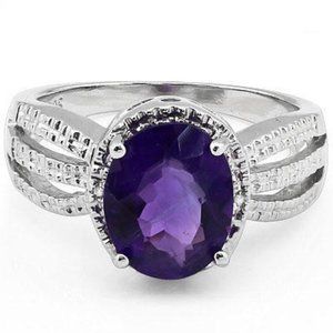 Amethyst And REAL Diamond Sterling Silver Ring With 3 Shoulders, 2.24ctw Classic